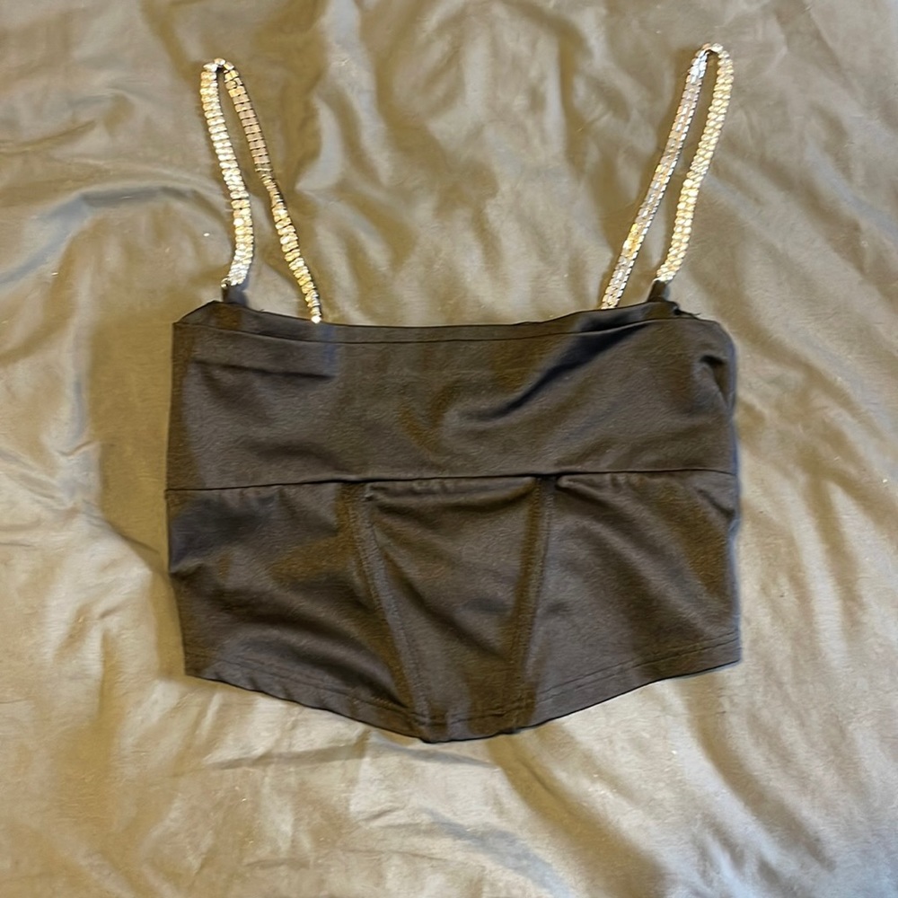 Black silky crop top with diamond straps